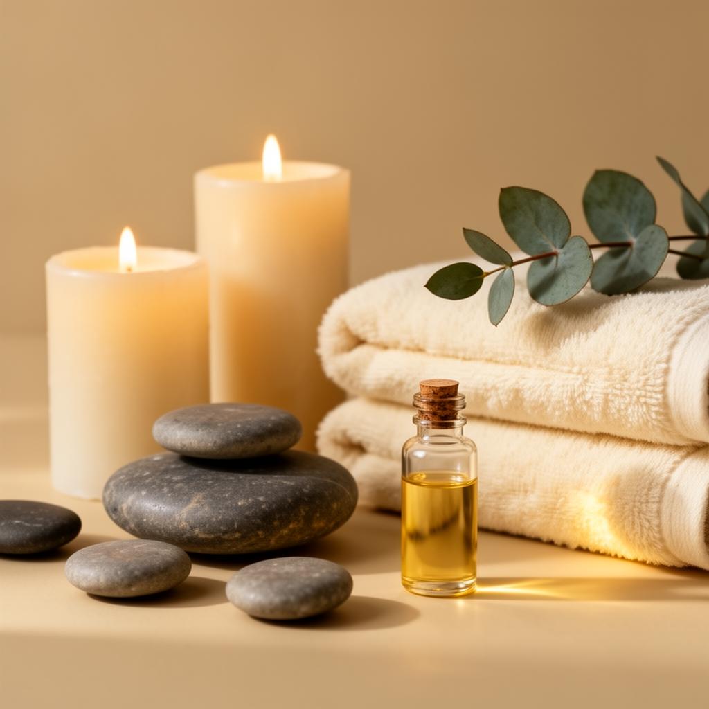 Spa essentials: candles, stones, oil and folded towels