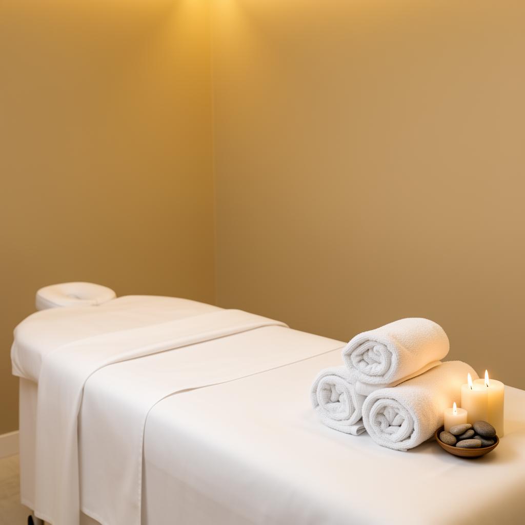 Elegant minimalist clinic treatment room with candles and rolled towels