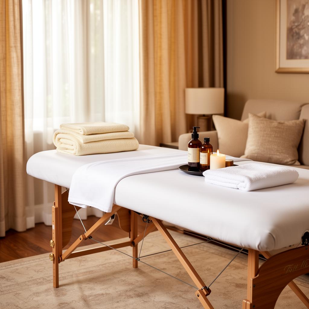 Portable massage table set up in a calm living room